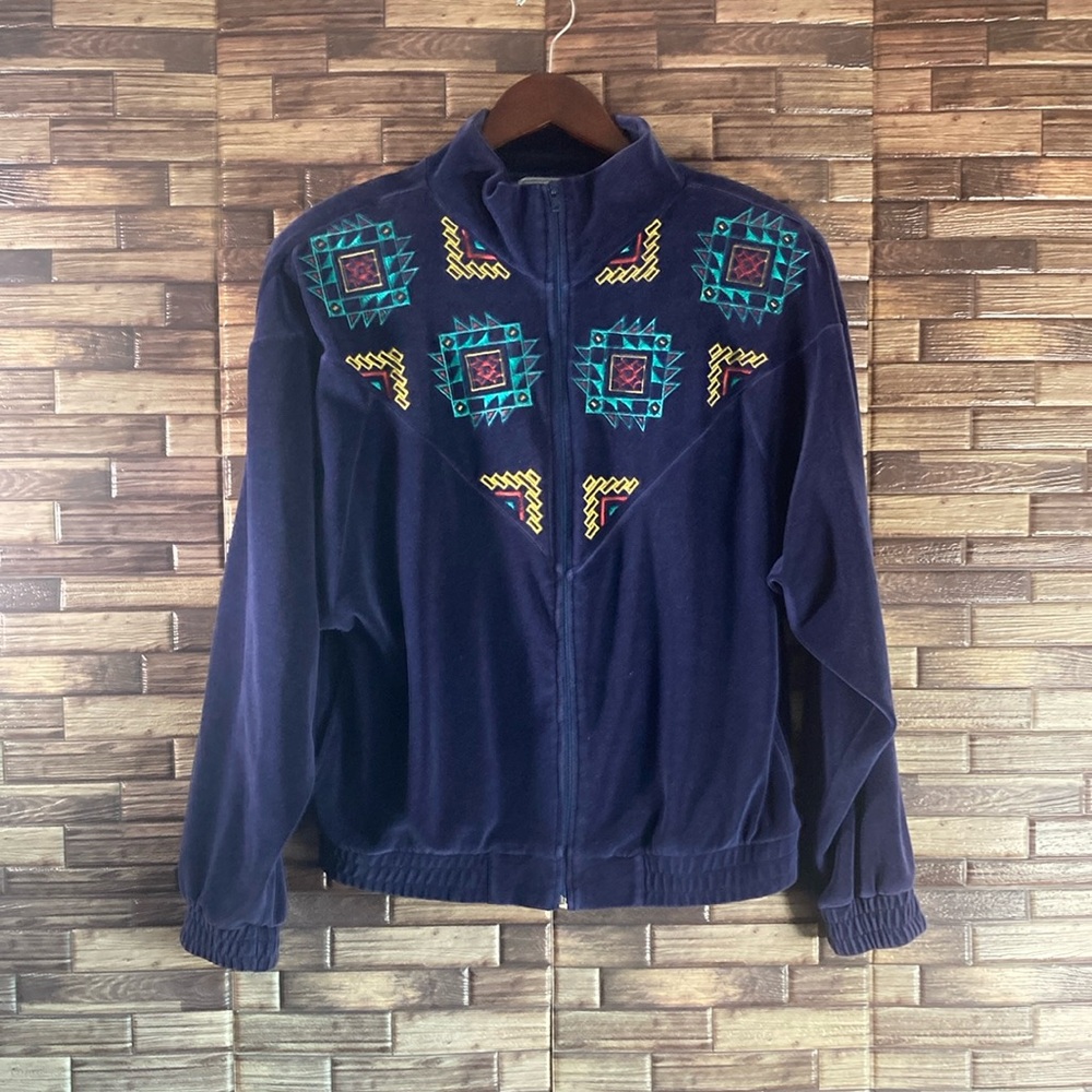Vintage Oleg Cassini 80s Navy Aztec Velour Embroidered Jacket Retro 80s Large